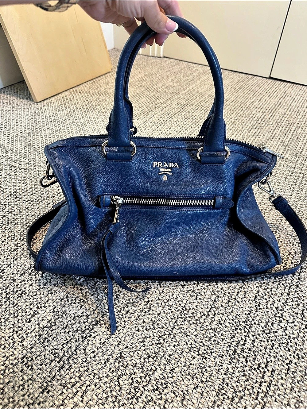 Prada Vitello Phoenix Leather Satchel in Blue